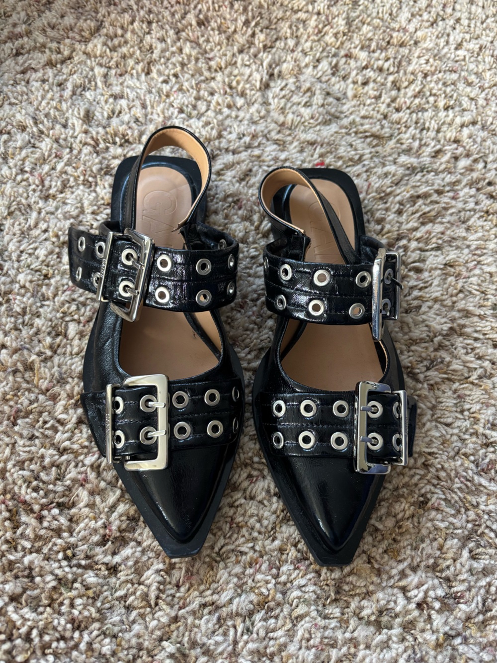Ganni Black Pointed Buckle Ballet Flats